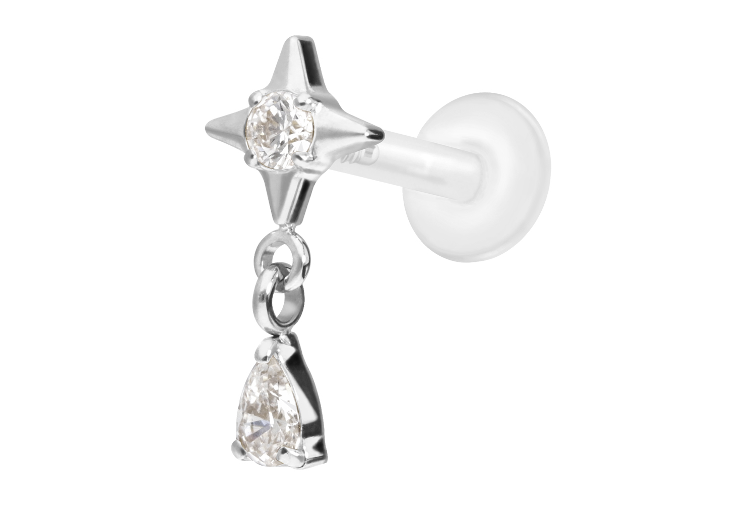 PTFE Labret mit Innengewinde + Titan-Aufsatz STERN + KRISTALLTROPFEN | SI = Silberfarben | 1,2 | 8 | IXP5132_[281417]